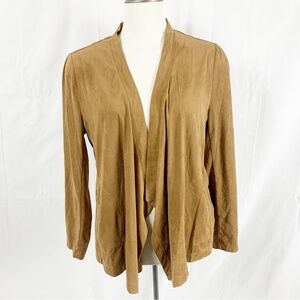Tanjay Camel Brown Faux Suede Open Front Jacket with Gold Zip Pockets – Size 14